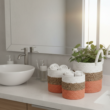 Set of 3 Orange Seagrass Storage Baskets 14-16-17 cm