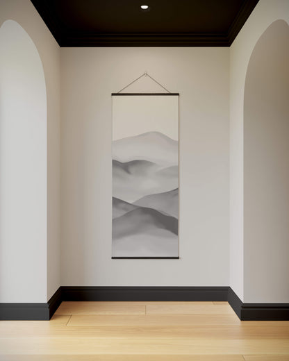 Minimalist interior with a wall art piece depicting wavy patterns.