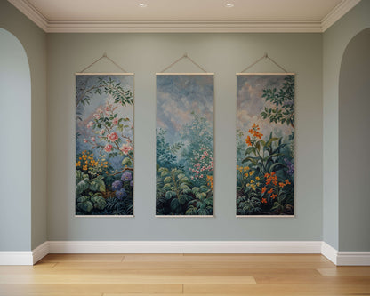 Three floral tapestries hanging on a wall in a room with wooden flooring.