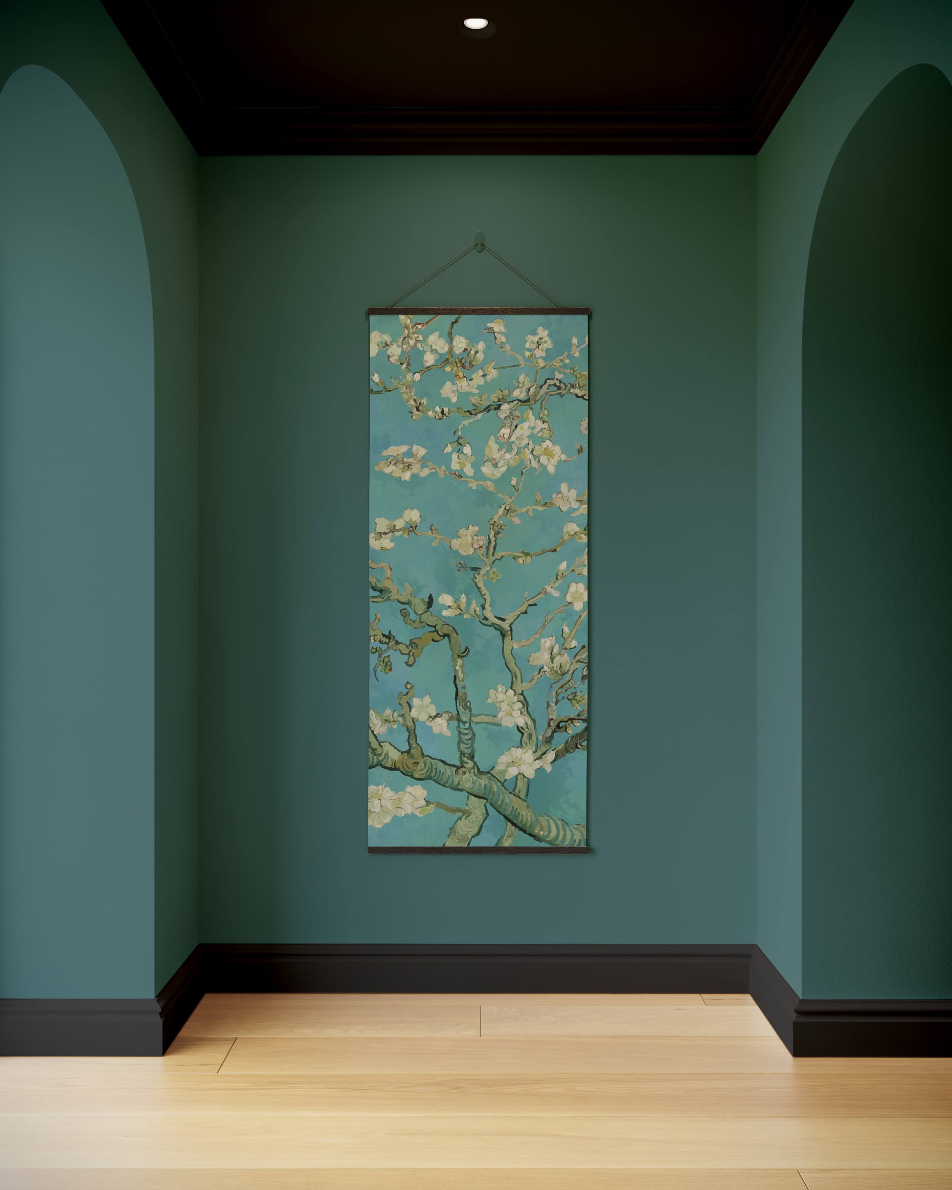 Artistic floral tapestry hanging on a teal wall with wooden floor and arches.