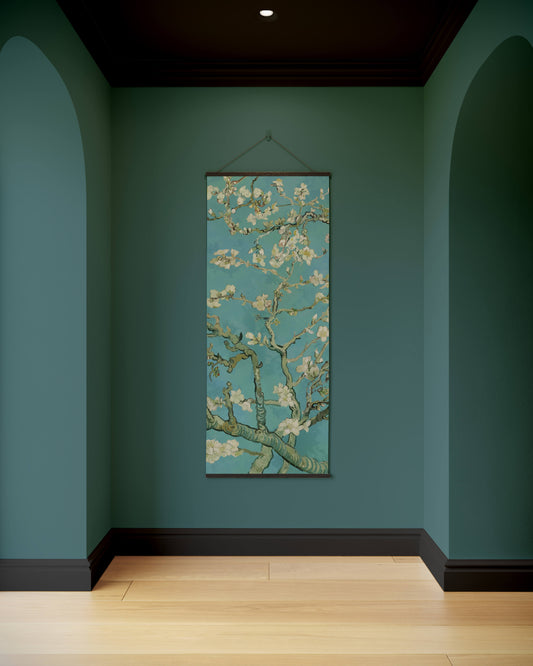 Artistic floral tapestry hanging on a teal wall with wooden floor and arches.