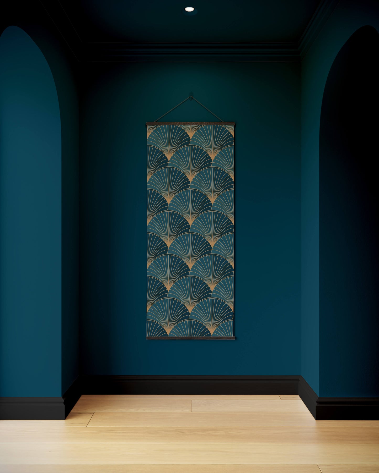Decorative wall art with geometric pattern on a blue wall