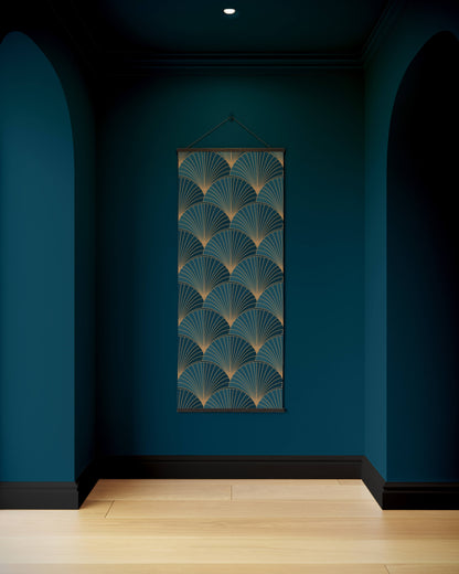 Decorative wall art with geometric pattern on a blue wall