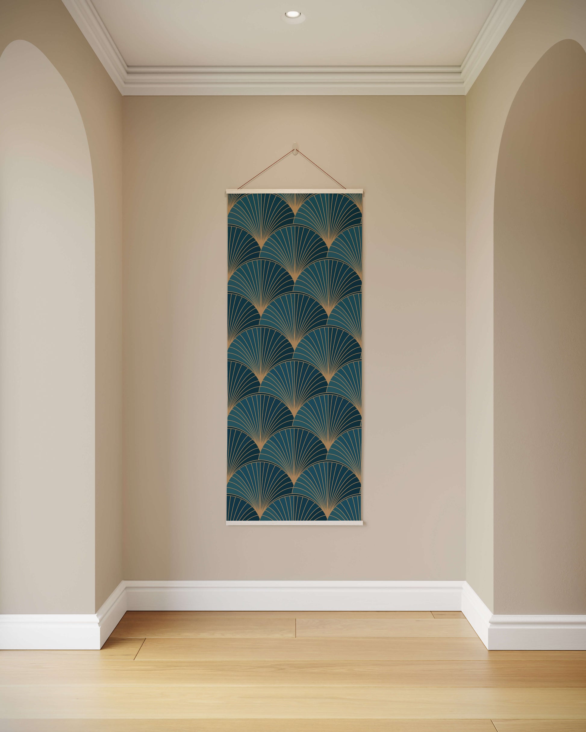 Decorative wall hanging with geometric pattern on a beige wall.