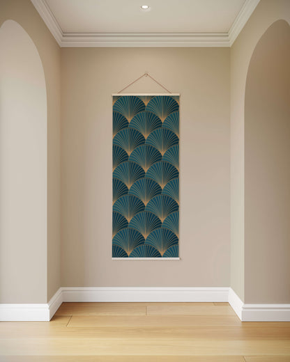 Decorative wall hanging with geometric pattern on a beige wall.