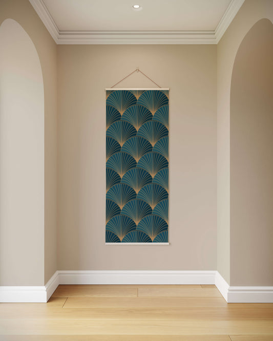 Decorative wall hanging with geometric pattern on a beige wall.
