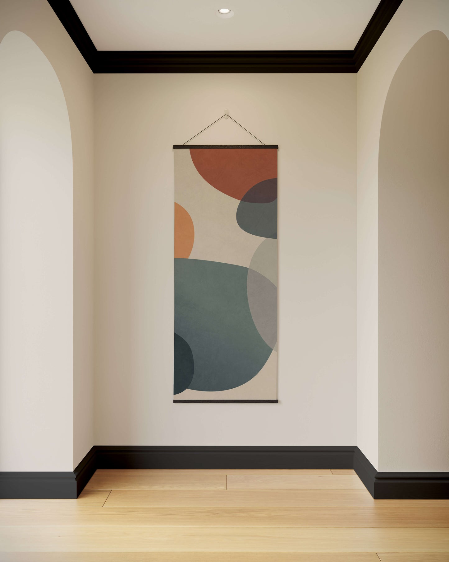 Abstract wall art with colourful circles on a beige wall.
