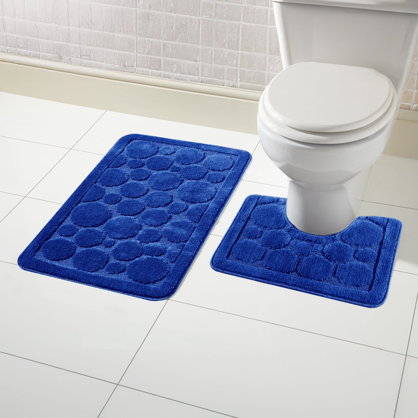 Cali Bubbles 2 Piece Royal Blue Bath Mat & Pedestal Set Non-Slip Soft & Absorbent Bathroom Mats for Comfort & Safety by OLIVIA ROCCO