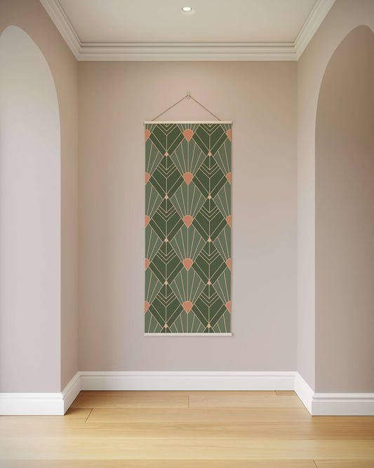 Decorative wall hanging with geometric pattern on a plain wall.