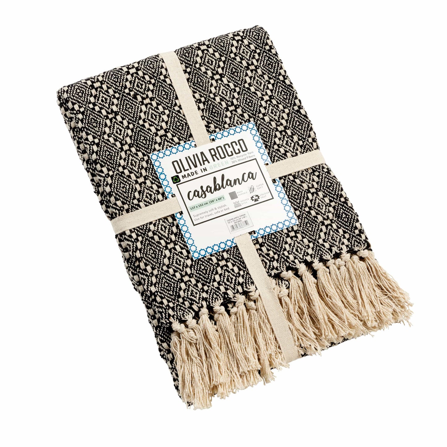 Casablanca Elegant Check Design Super Soft Lightweight Recycled Cotton Throw Blanket with Tassels Ideal for Sofa Bed or Chair Year-Round Use by OLIVIA ROCCO