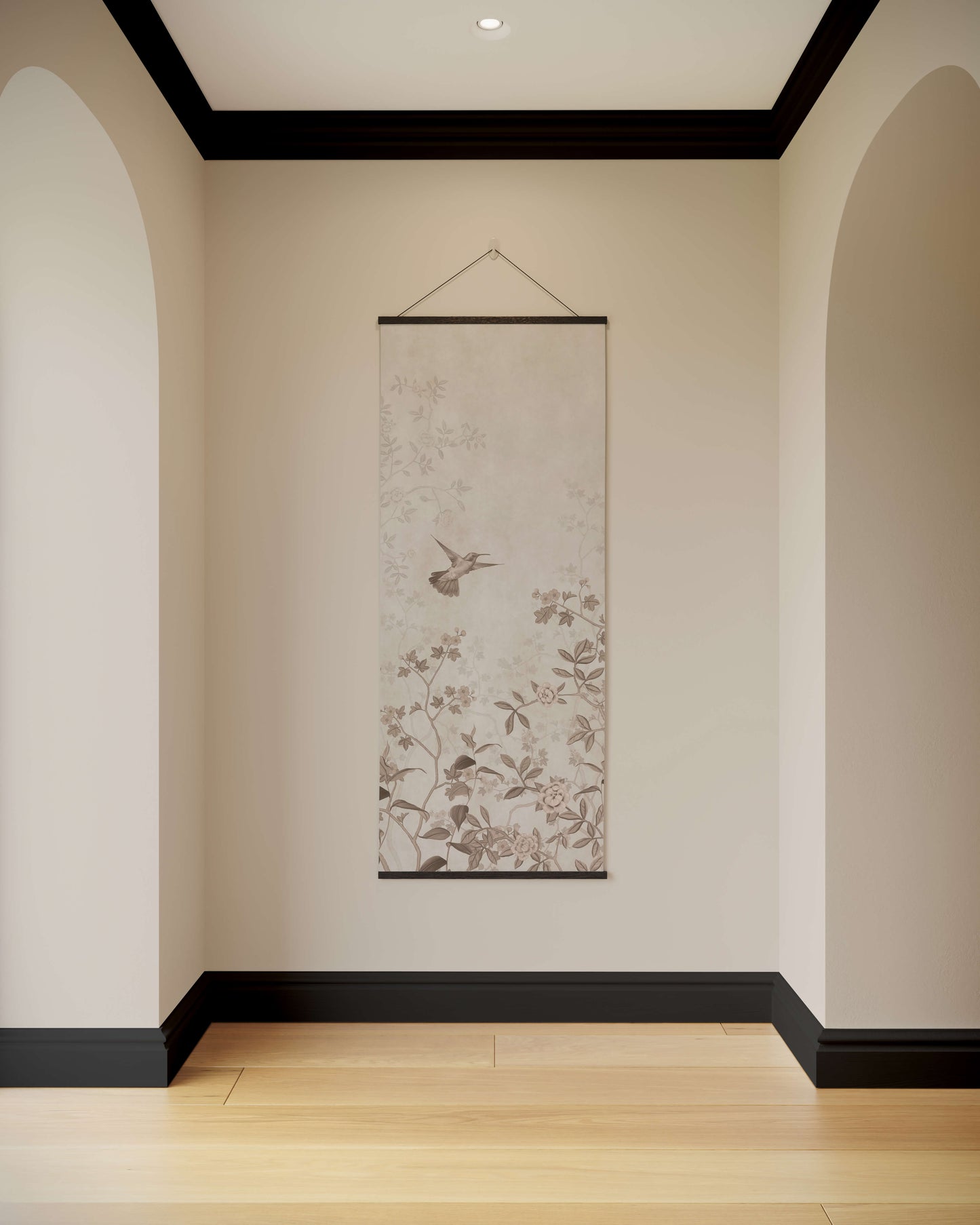 Decorative wall scroll hanging on a wall with arches and a wooden floor.