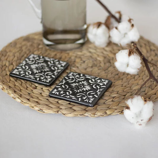 Portuguese Azulejo Ceramic Coasters | Black & White | Set of 2