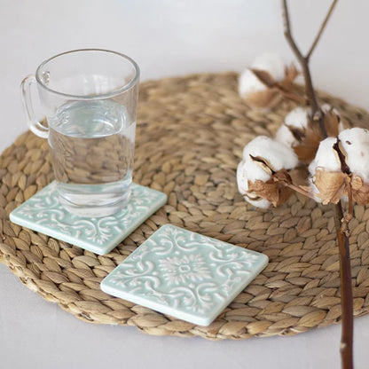 Portuguese Azulejo Ceramic Coasters | Mint Green | Set of 2