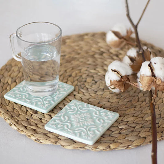 Portuguese Azulejo Ceramic Coasters | Mint Green | Set of 2