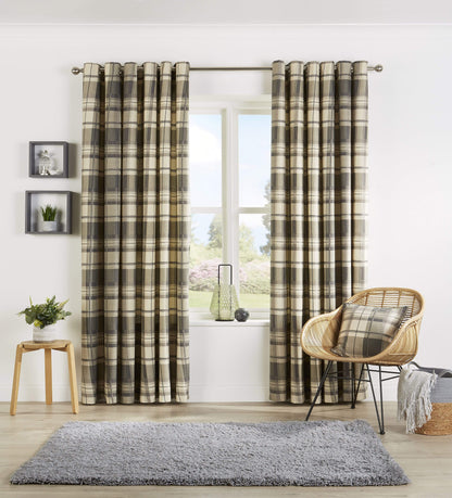 Check Pattern Curtains with Matching Cushion Covers Premium Polyester Cotton Blend Eyelet Ring Top Ochre Grey Various Sizes for Bedrooms and Living Rooms by OLIVIA ROCCO