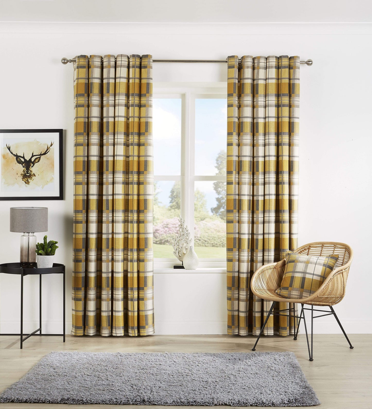 Check Pattern Curtains with Matching Cushion Covers Premium Polyester Cotton Blend Eyelet Ring Top Ochre Grey Various Sizes for Bedrooms and Living Rooms by OLIVIA ROCCO
