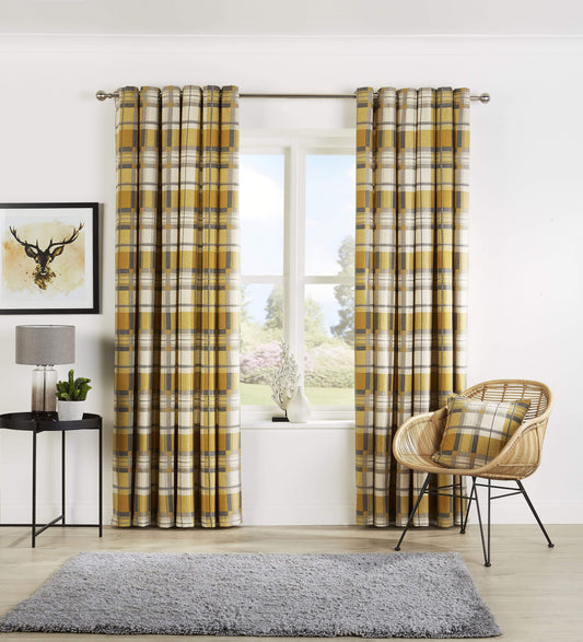 Check Pattern Curtains with Matching Cushion Covers Premium Polyester Cotton Blend Eyelet Ring Top Ochre Grey Various Sizes for Bedrooms and Living Rooms by OLIVIA ROCCO