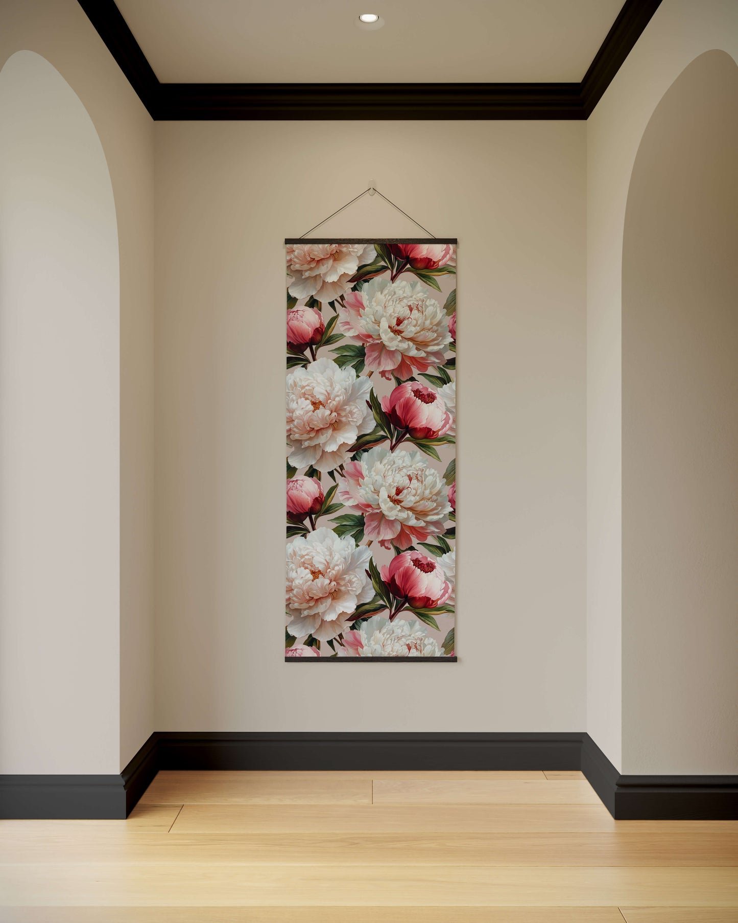 Floral wall art hanging on a wall with arches and a wooden floor.