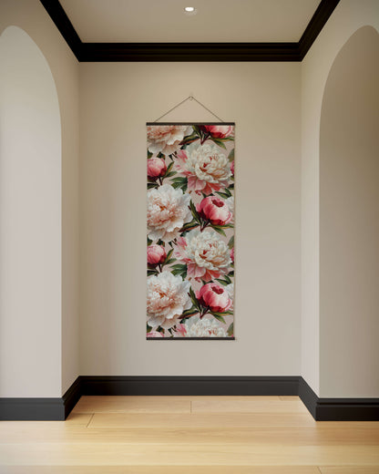 Floral wall art hanging on a wall with arches and a wooden floor.