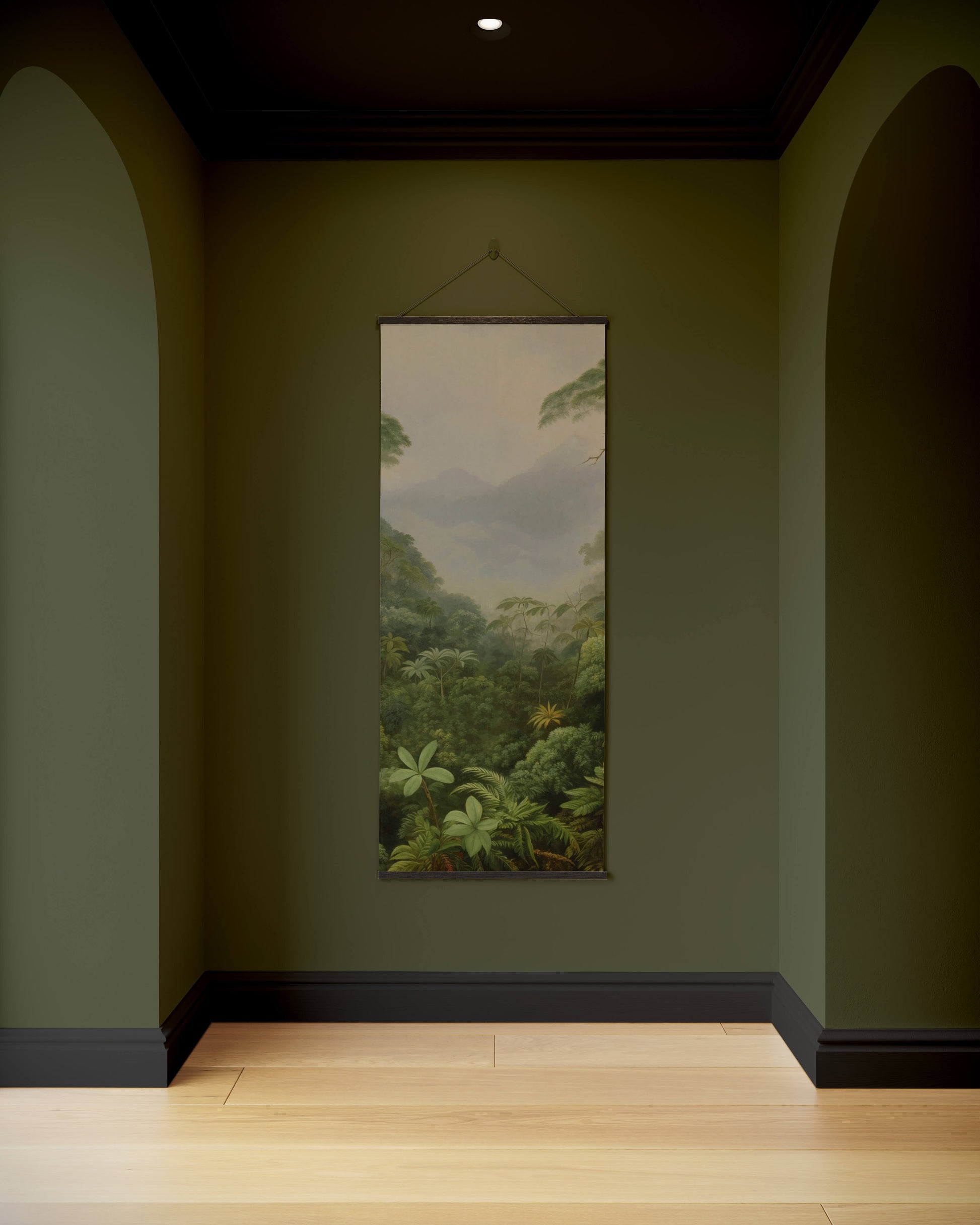 Tropical forest painting on a green wall in a dimly lit room.