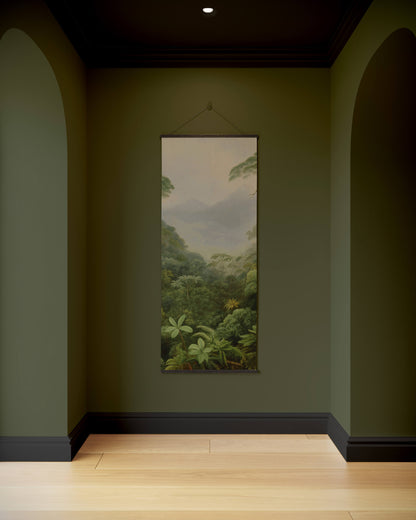 Tropical forest painting on a green wall in a dimly lit room.