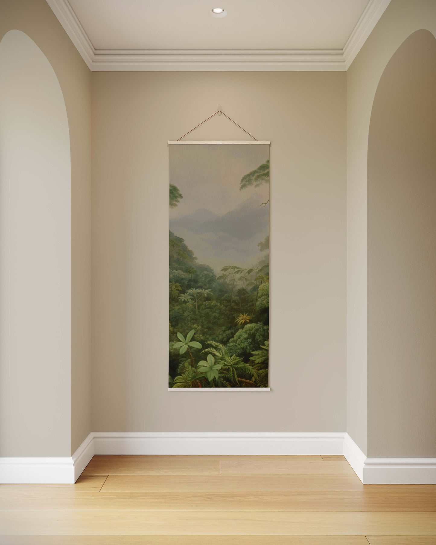 Framed nature print hanging on a wall in a room with wooden flooring.