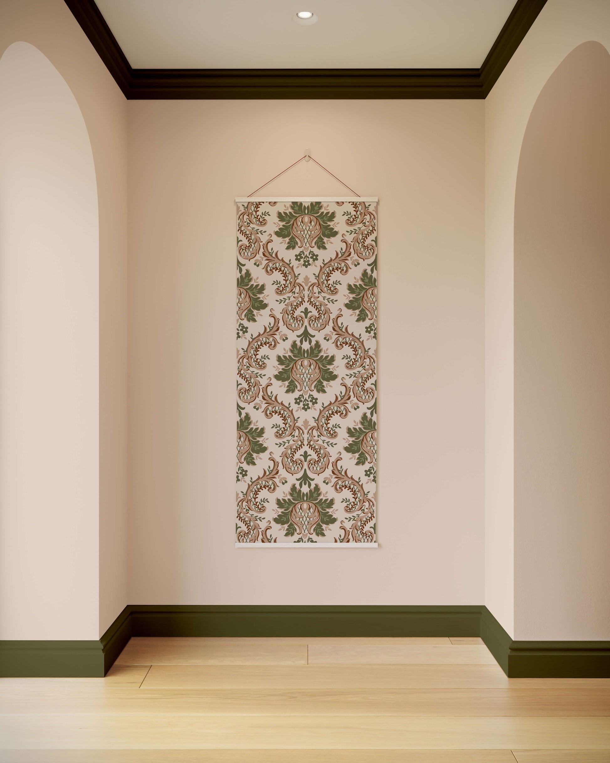 Decorative wall hanging with floral pattern on a plain wall.