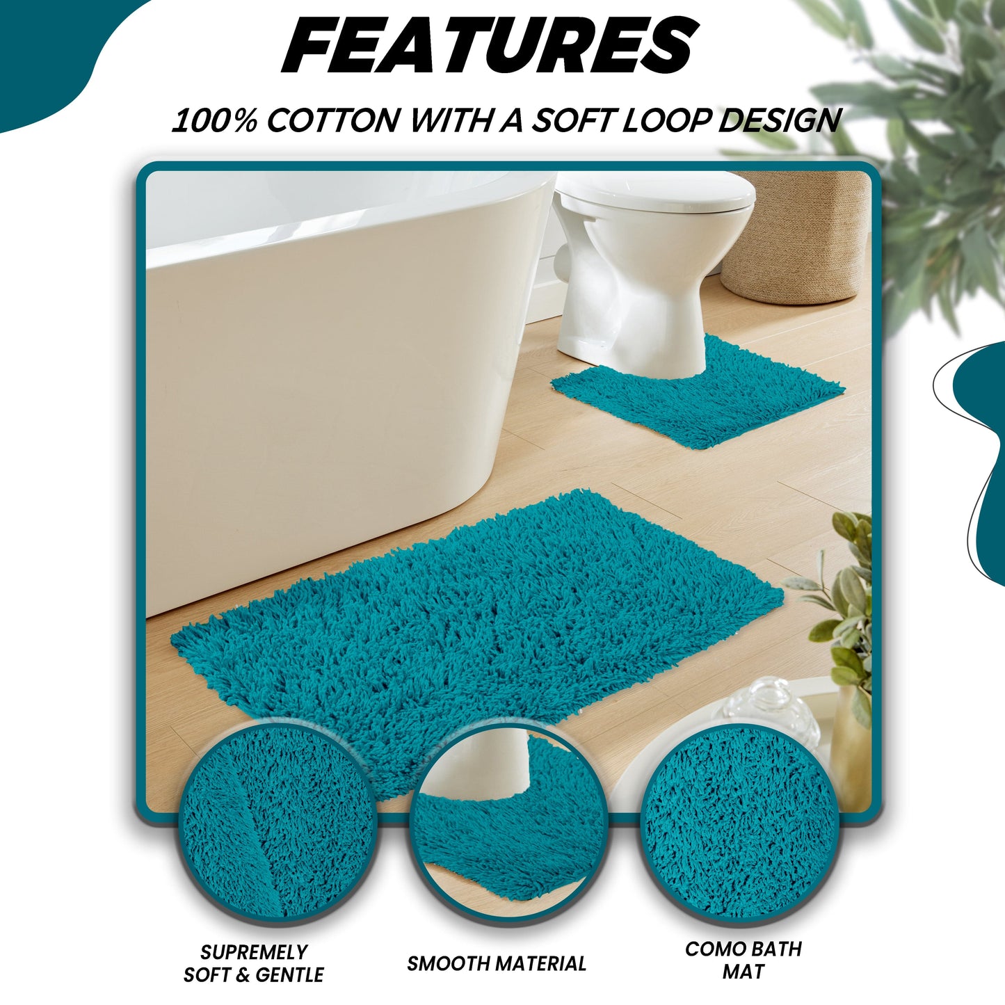Como 2 Piece Teal Bath Mat & Pedestal Set Non-Slip Super Absorbent Cotton Bathroom Mats by OLIVIA ROCCO