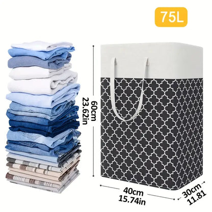 75L Large Foldable Laundry Basket with Extended Handle – Grey Fabric Laundry Hamper