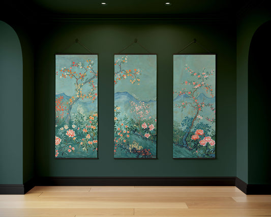 Three vertical artworks depicting floral scenes on a dark green wall.