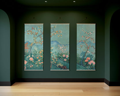Three vertical floral artworks hanging on a dark green wall.