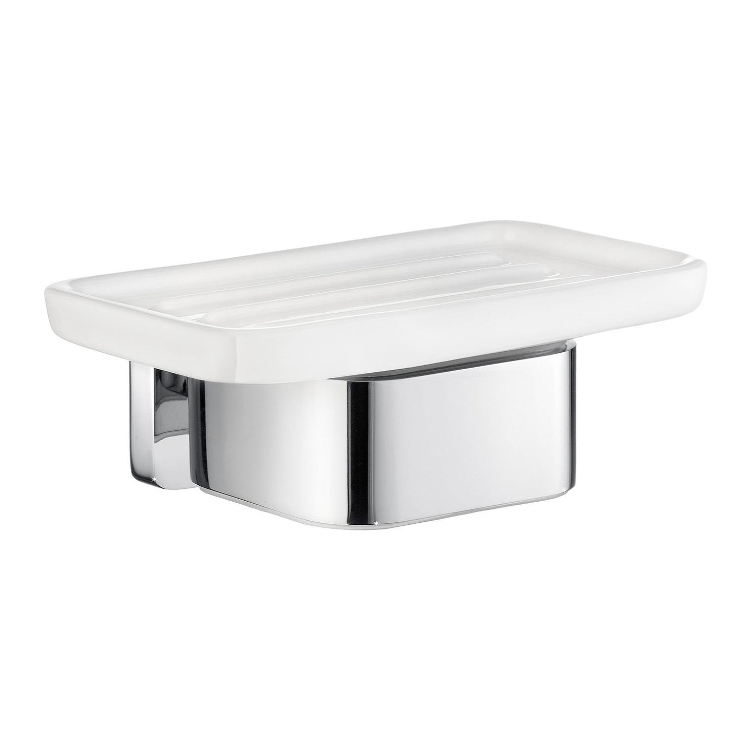 Chrome wall-mounted soap holder with a white soap dish on a white background