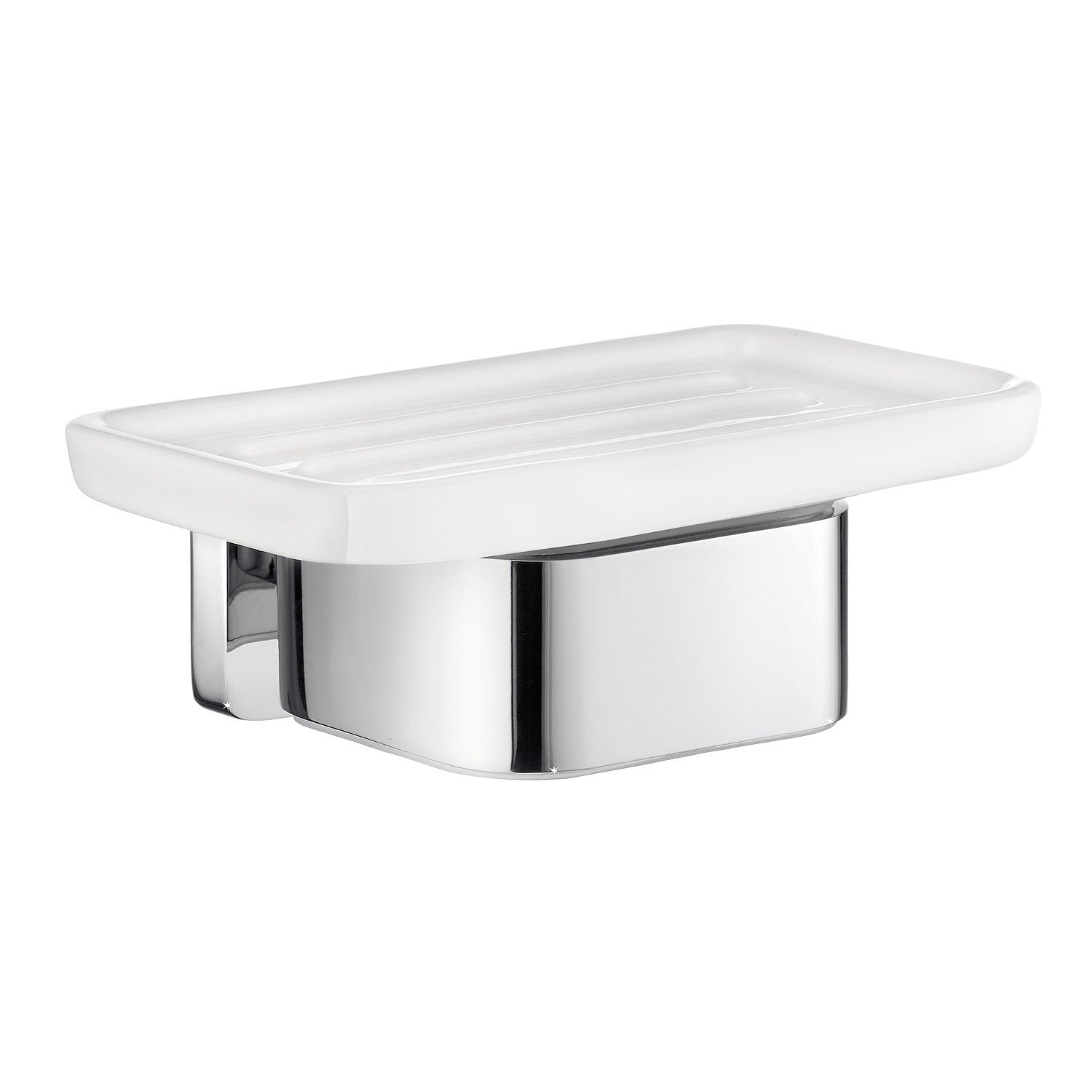 Chrome wall-mounted soap holder with a white soap dish on a white background