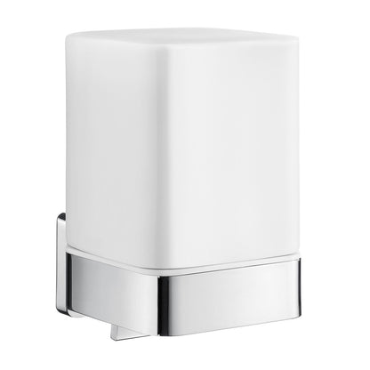 Wall-mounted soap dispenser with white porcelain body and chrome wall mount on a white background