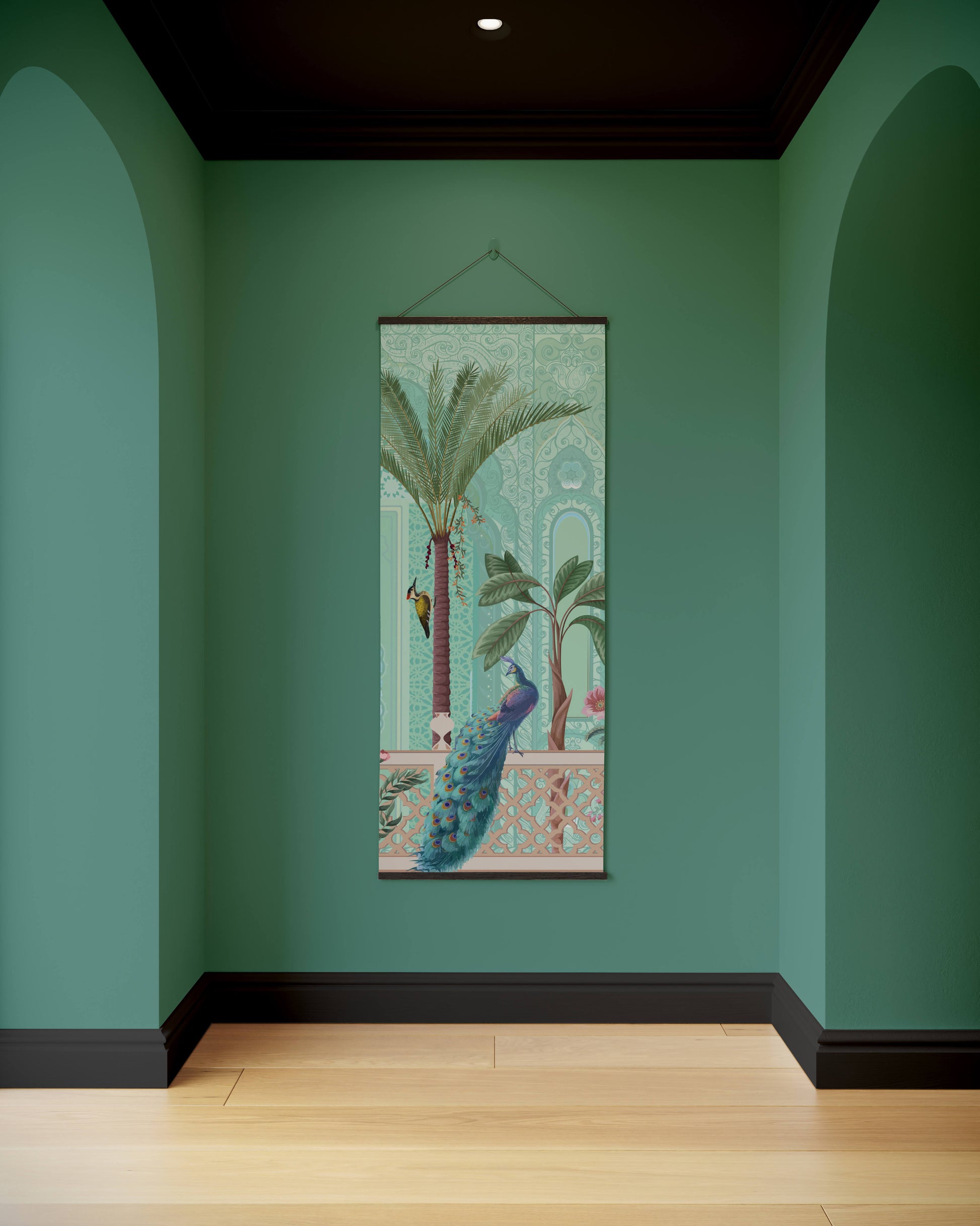 Decorative wall hanging with a peacock and palm tree design on a teal wall.