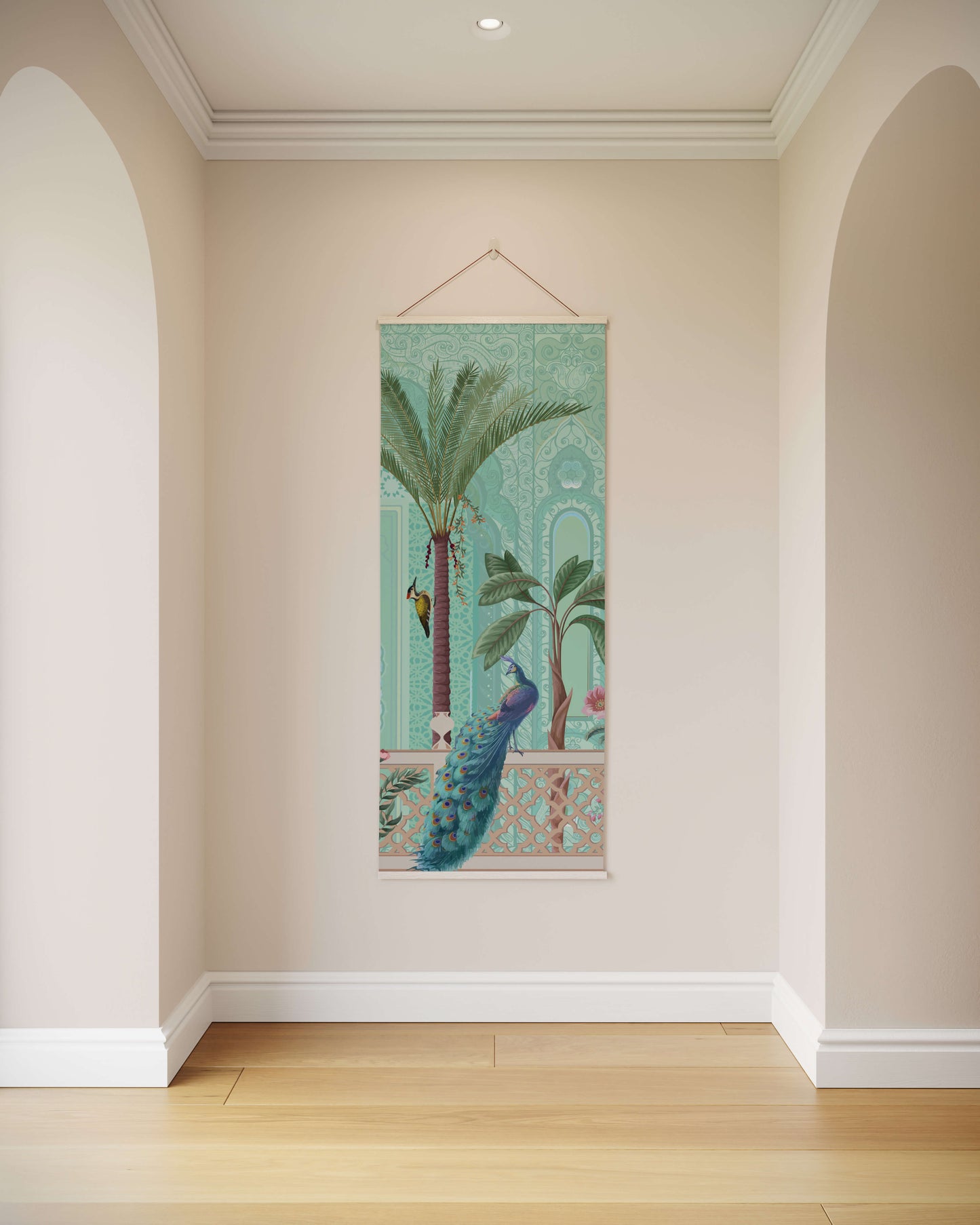 Decorative wall hanging with a peacock and palm tree design on a beige wall.