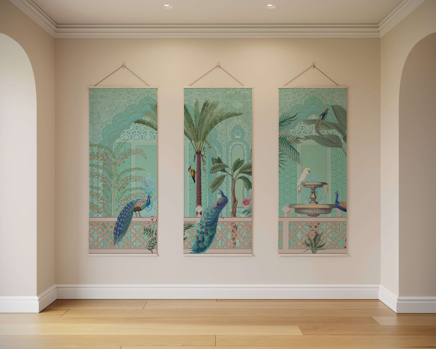 Three decorative wall hangings with peacock and palm tree designs on a beige wall.