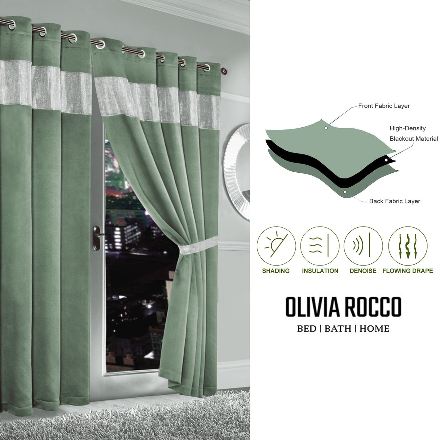 Diamante Sage Green Blackout Eyelet Curtains with Tie Backs Blackout Thermal Ring Top Window Dressings by OLIVIA ROCCO