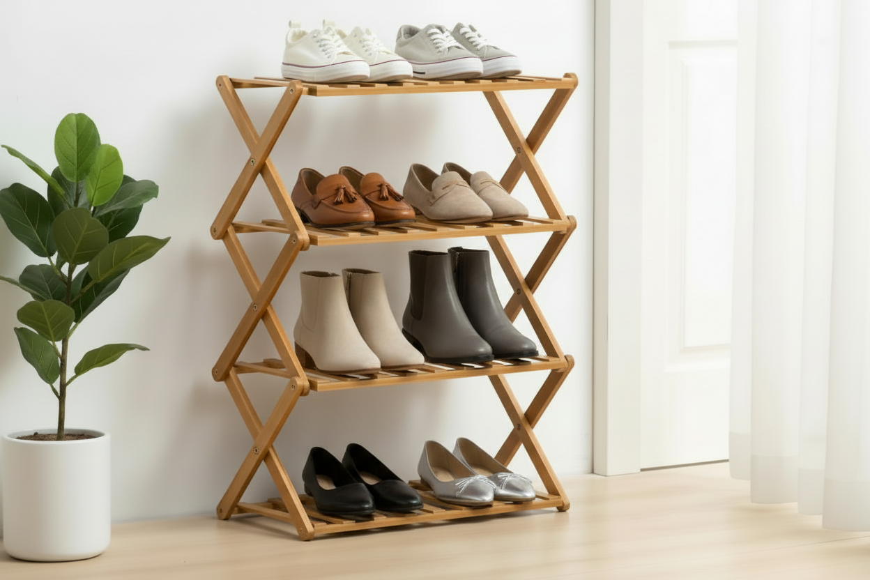 Modern 4-Tier Foldable Bamboo Shoe Rack - Eco-Friendly Entryway Storage