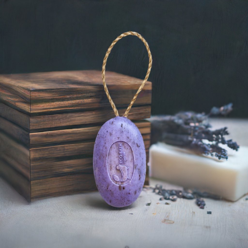 Eco Bath London Lavender Soap on a Rope 220g -  Luxurious and Eco Friendly Relaxing Body Wash Bar with Shea Butter