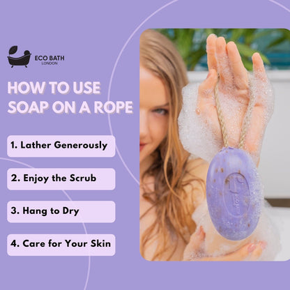Eco Bath London Lavender Soap on a Rope 220g -  Luxurious and Eco Friendly Relaxing Body Wash Bar with Shea Butter