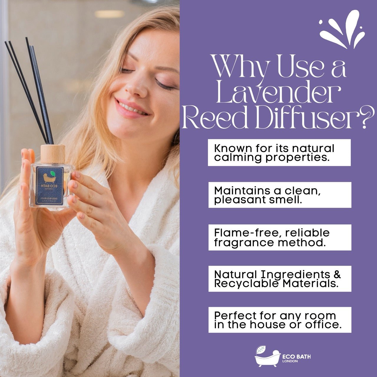 Eco Bath London French Lavender Reed Diffuser - Luxurious Home Fragrance with Natural Essential French Lavender Oil, 100ml (3.38 Fl.Oz)