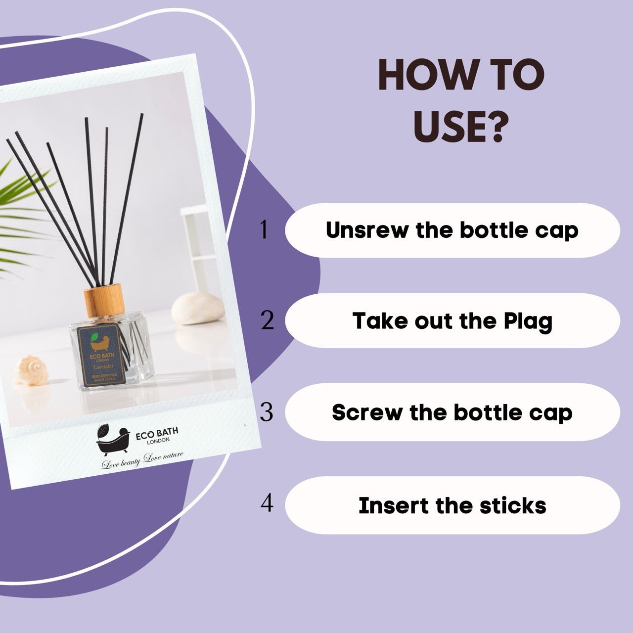 Eco Bath London French Lavender Reed Diffuser - Luxurious Home Fragrance with Natural Essential French Lavender Oil, 100ml (3.38 Fl.Oz)