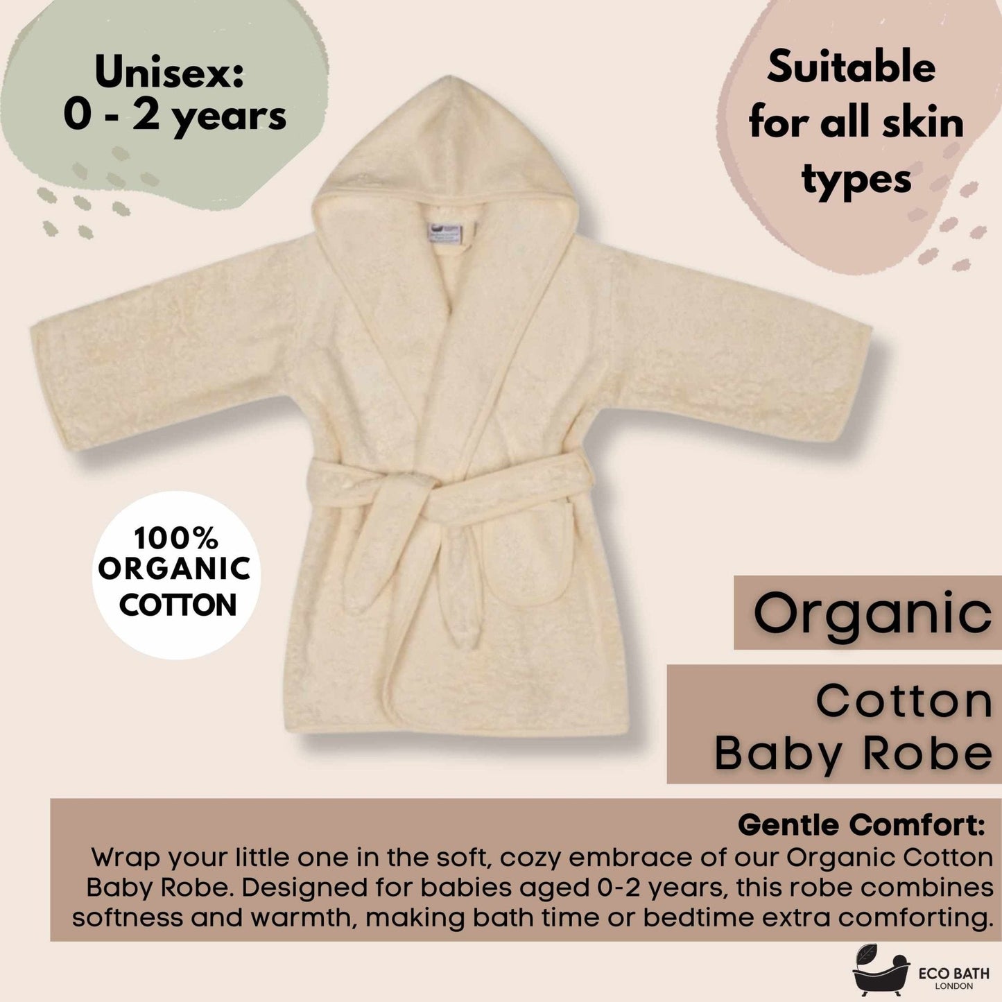 Eco Bath London Organic Cotton Baby Robe - Available in Sizes 0-2 Years and 3-5 Years