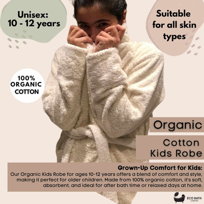 Eco Bath London Organic Cotton Kids Robe (10-12 Years) - Hooded, 100% Certified Organic Cotton