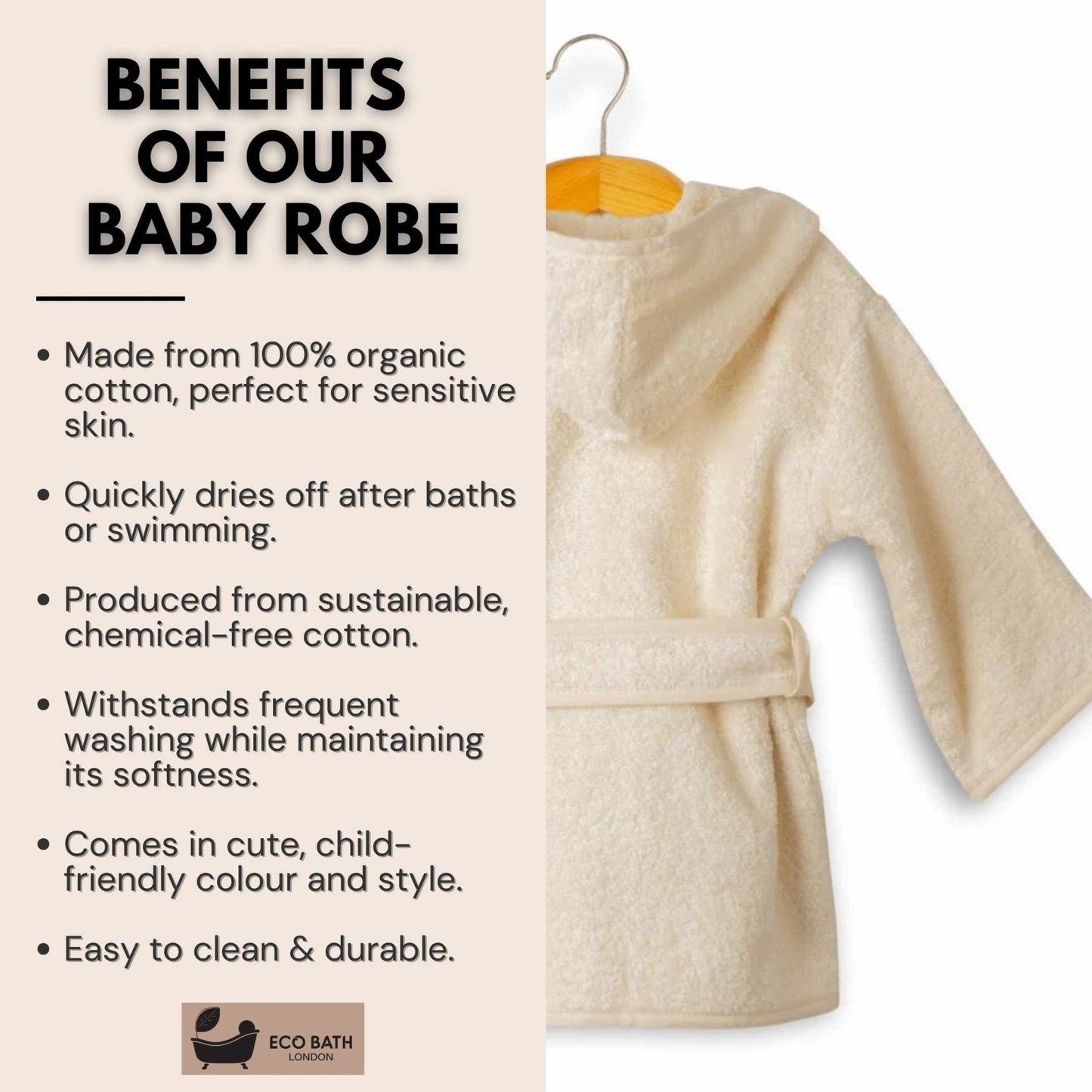 Eco Bath London Organic Cotton Kids Robe (10-12 Years) - Hooded, 100% Certified Organic Cotton
