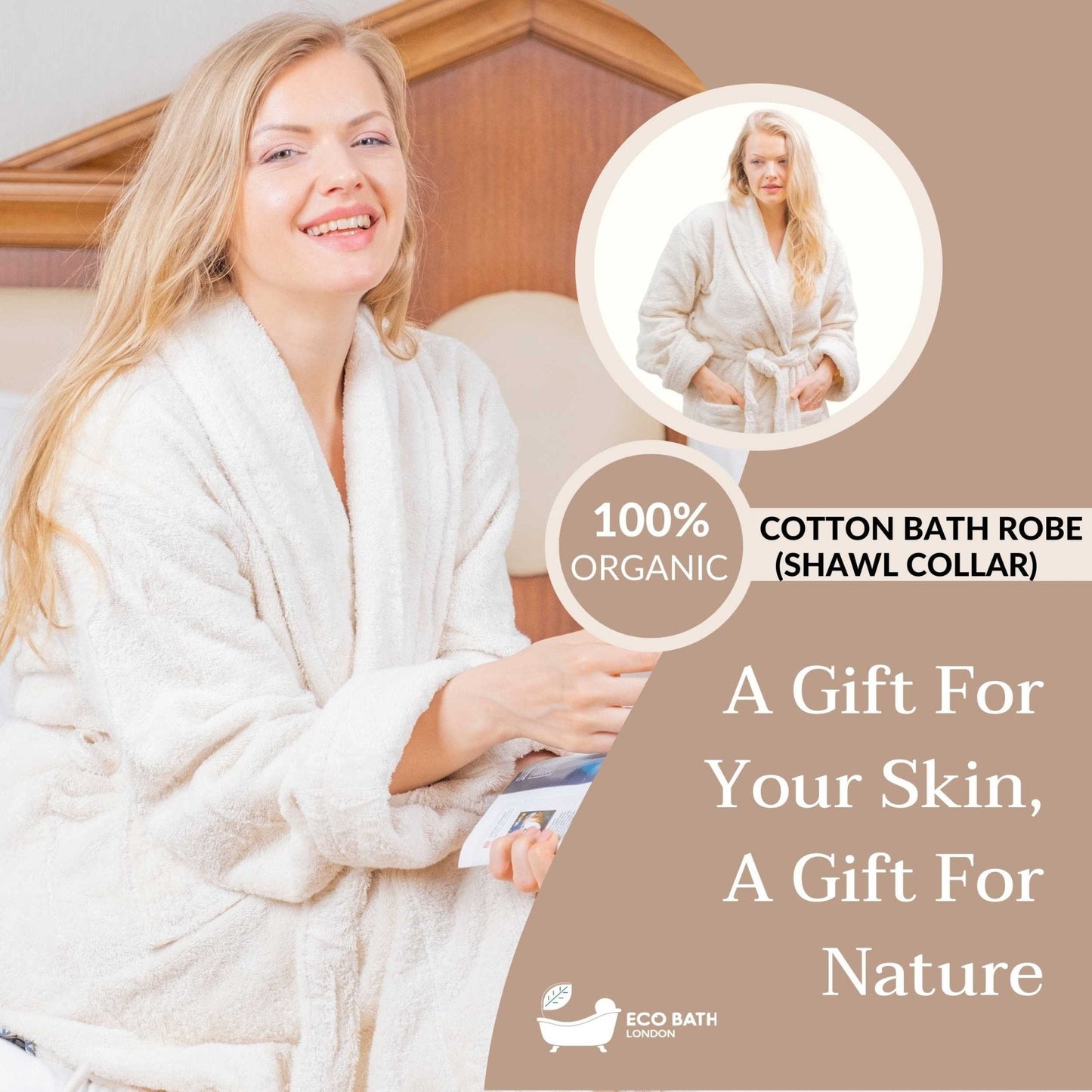 Eco Bath London Organic Cotton Shawl Collar Bath Robe - 100% Certified Organic Cotton