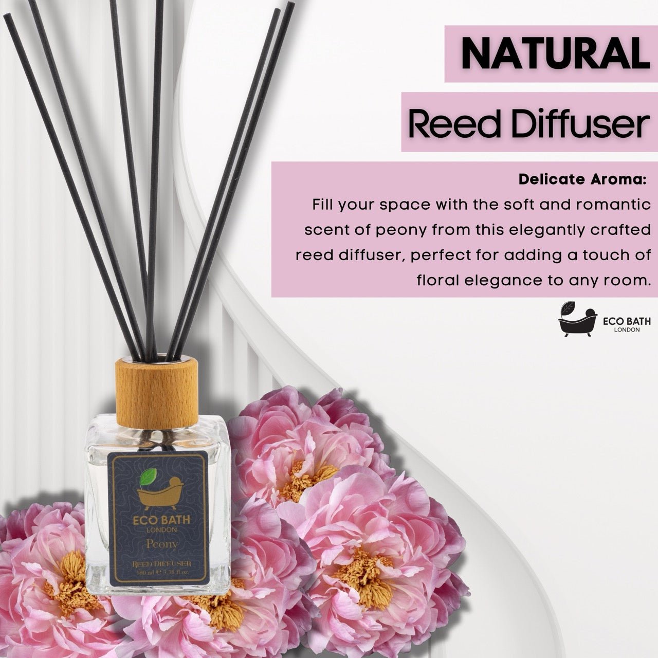 Eco Bath London Peony Reed Diffuser - Beautiful Bouquet of Peonies Fragrance, Intensive, Fresh & Long Lasting Room Diffuser, 100ml (3.38 Fl.Oz)