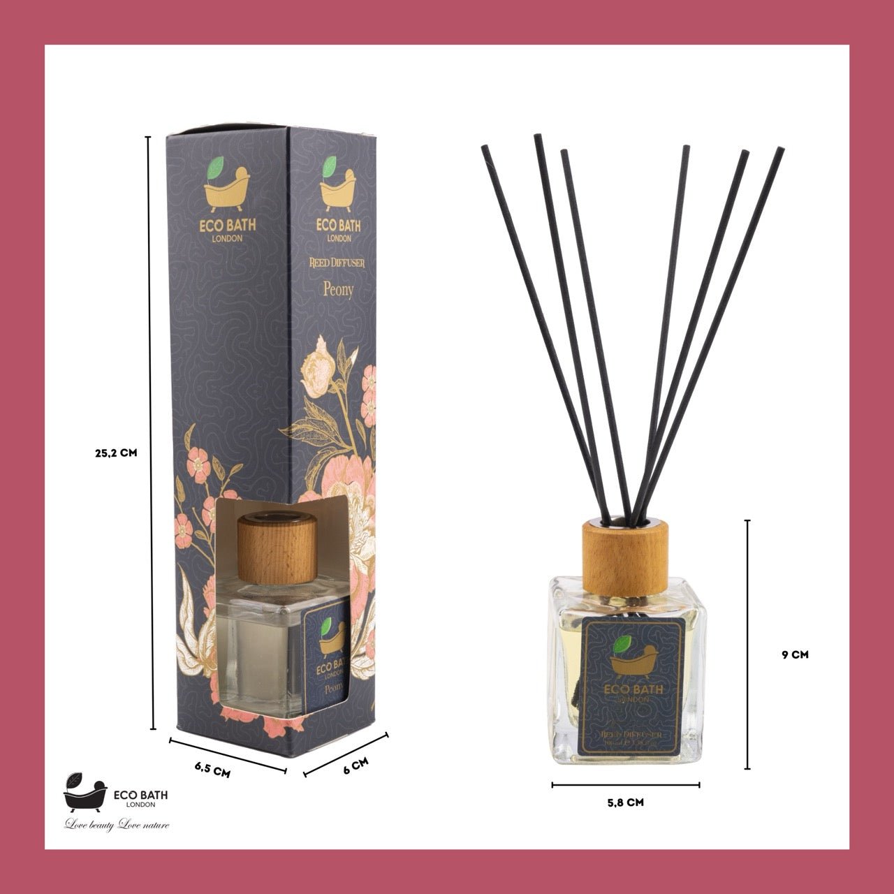 Eco Bath London Peony Reed Diffuser - Beautiful Bouquet of Peonies Fragrance, Intensive, Fresh & Long Lasting Room Diffuser, 100ml (3.38 Fl.Oz)