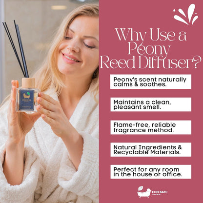Eco Bath London Peony Reed Diffuser - Beautiful Bouquet of Peonies Fragrance, Intensive, Fresh & Long Lasting Room Diffuser, 100ml (3.38 Fl.Oz)